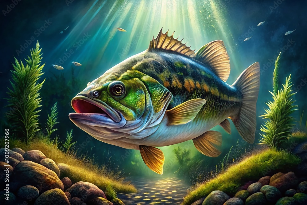 Fototapeta premium Detailed Drawing of a Bass Fish in Natural Habitat Showcasing Unique Features and Colors