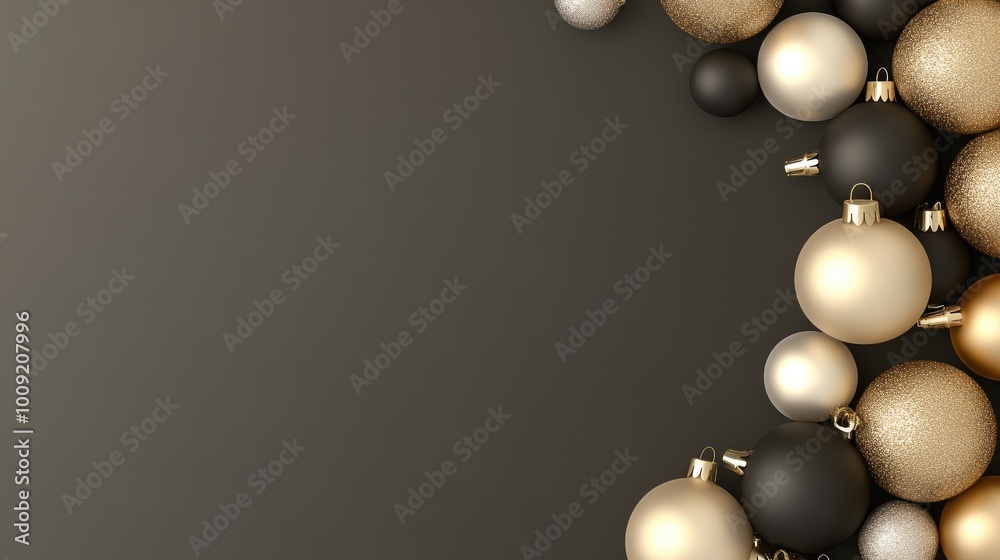 A collection of stylish black and gold Christmas ornaments hangs gracefully against a black backdrop, perfect for inspiring holiday decorations and seasonal festivities A collection of stylish black and gold Christmas ornaments hangs gracefully against a black backdrop, perfect for inspiring holiday decorations and seasonal festivities