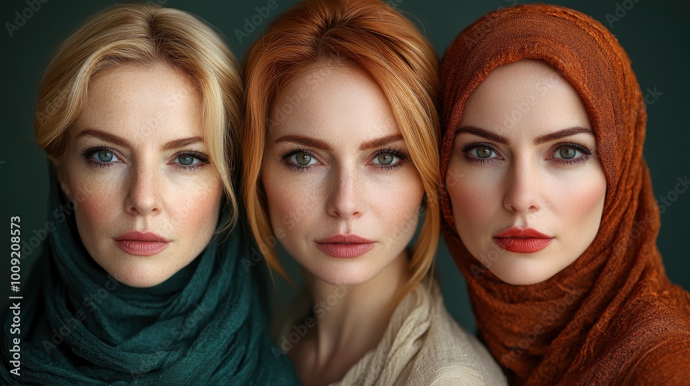 Three Women with Different Hairstyles and Headscarves Three Women with Different Hairstyles and Headscarves