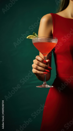 photo of woman hand holding red cocktail. photo