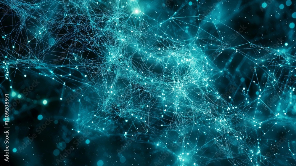 Digital backdrop with glowing turquoise neural network connections, symbolizing artificial intelligence and complex data systems Digital backdrop with glowing turquoise neural network connections, symbolizing artificial intelligence and complex data systems