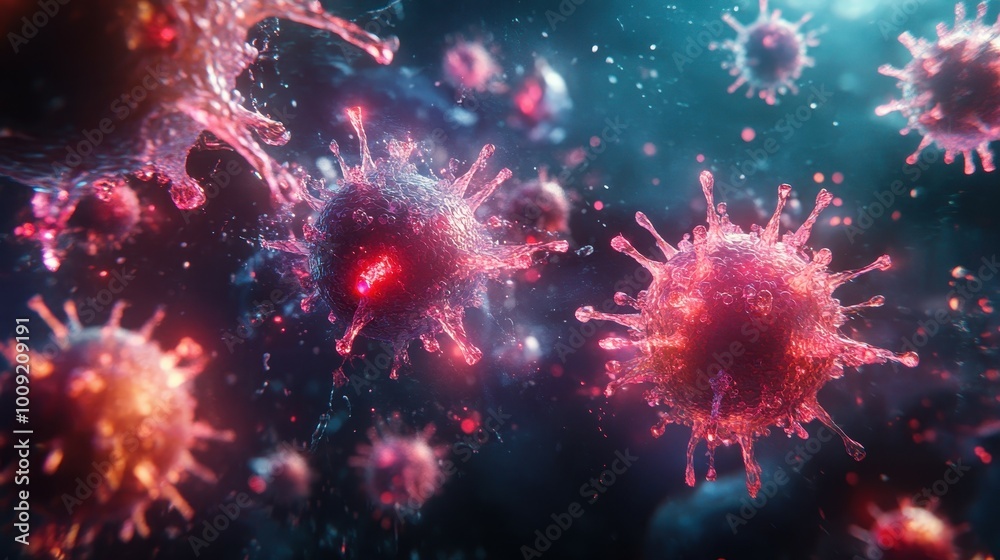 A microscopic view of a virus, with a red glow, against a dark blue background. A microscopic view of a virus, with a red glow, against a dark blue background.