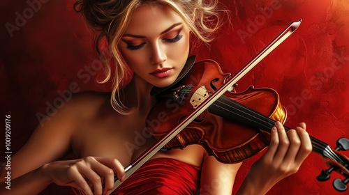 A woman in a red dress plays the violin against a warm, textured background.