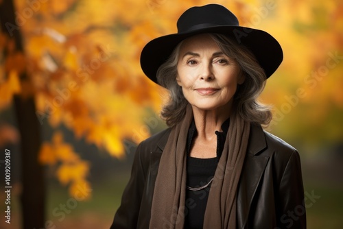 Portrait of a tender woman in her 60s donning a classic fedora isolated in background of autumn leaves