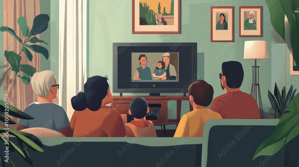 Fototapeta premium Diverse relatives sitting together in living room, focused on TV screen, A diverse group of relatives huddled around the TV, engrossed in the film playing