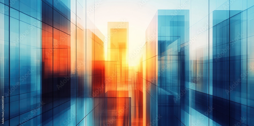 Abstract Background with Glass Buildings in Blue and Orange Tones, Modern Architectural Design Abstract Background with Glass Buildings in Blue and Orange Tones, Modern Architectural Design