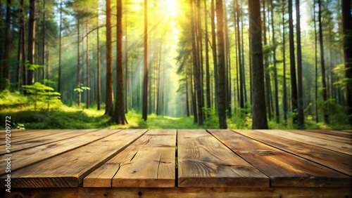 Empty wooden table with forest in blurry bokeh background shot with a wide-angle lens