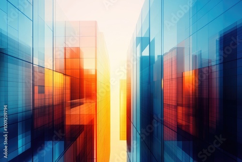 Abstract Background with Glass Buildings in Blue and Orange Tones, Modern Architectural Design