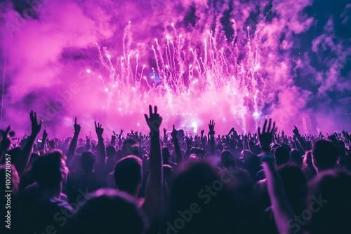 A vibrant concert scene with fireworks and a cheering crowd.