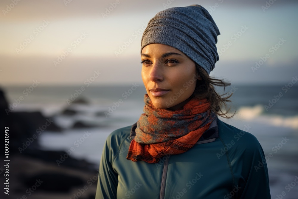 Portrait of a satisfied woman in her 30s wearing a protective neck gaiter isolated on stunning ocean reef Portrait of a satisfied woman in her 30s wearing a protective neck gaiter isolated on stunning ocean reef