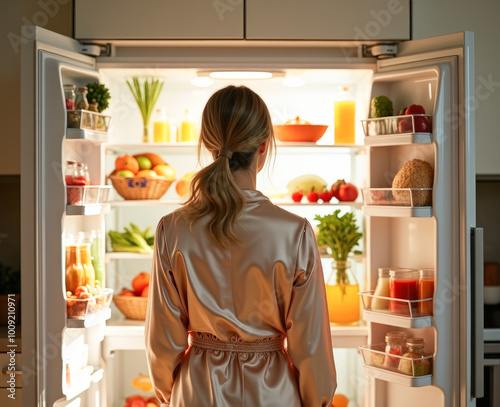 a woman in a bathrobe stands in front of an open refrigerator with a view from the back, chooses what to eat