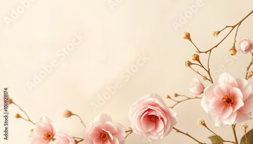 Delicate pink roses arrangement on beige background with copy space