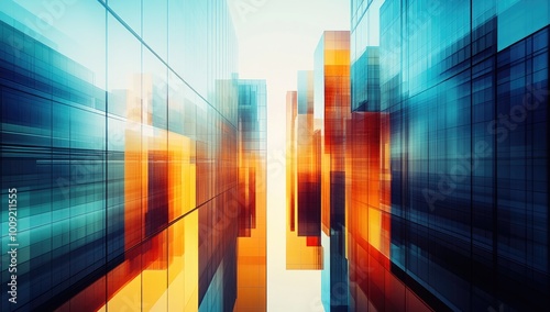 Abstract Background Featuring Modern City Buildings with Blue and Orange Skyscrapers. Office buildings Illustration Art