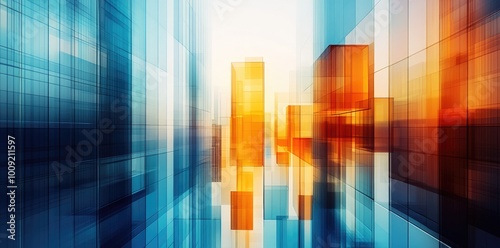 Abstract Background Featuring Modern City Buildings with Blue and Orange Skyscrapers. Office buildings Illustration Art