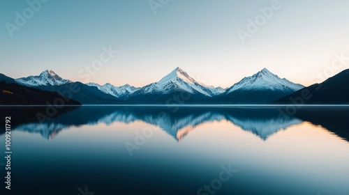 Majestic mountains reflect on a serene lake under a clear sky, creating a tranquil and picturesque scene.