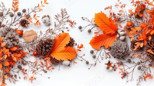 Autumn arrangement with pine cones, orange leaves, acorns, and dried flowers on a white background. photo