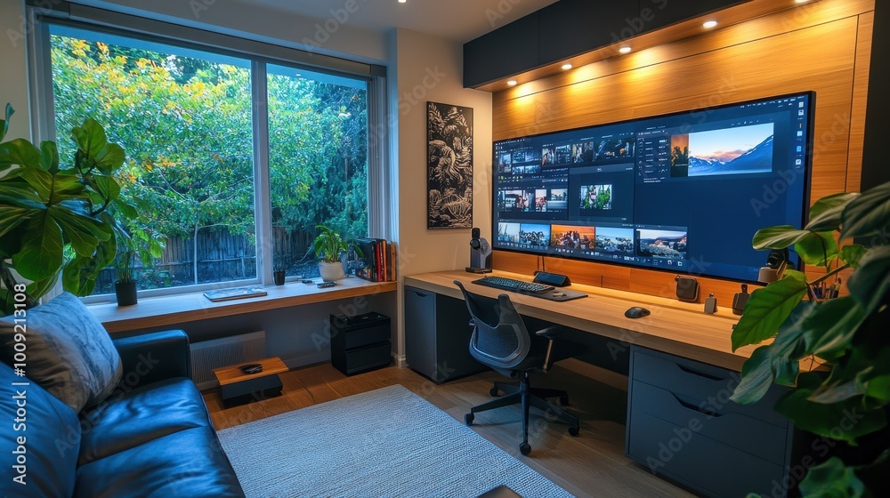 Cozy Home Office with Dual Monitor Setup and Nature View Cozy Home Office with Dual Monitor Setup and Nature View