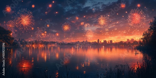 Evening Fireworks Reflection, tranquil waterfront scene with vibrant fireworks mirrored on calm water, softly lit skyline in the background