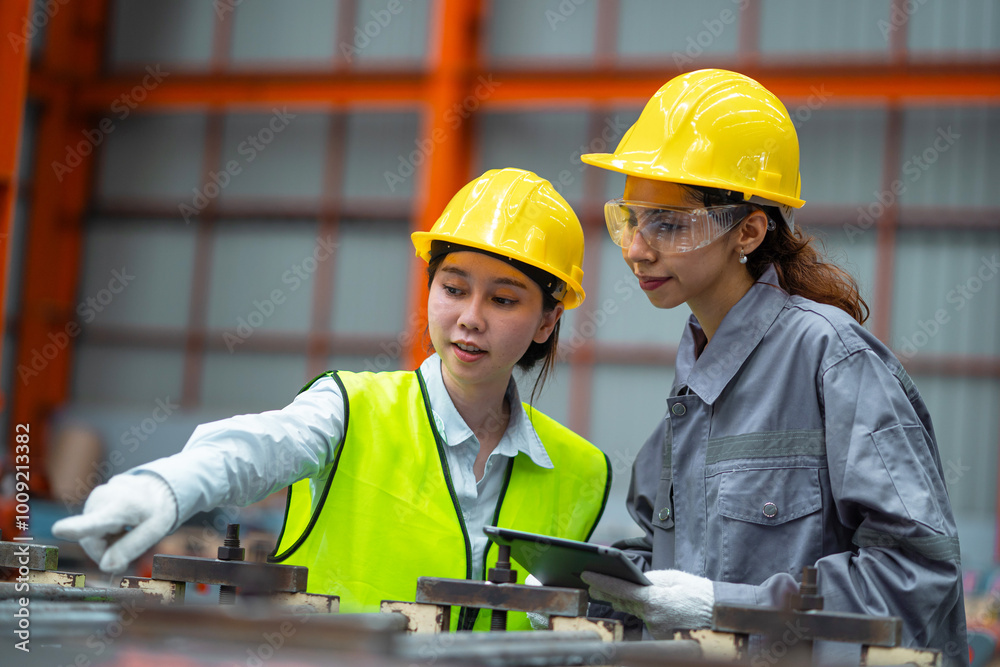 Two women wearing safety gear and looking at a tablet. One of them is pointing at something. Scene is serious and focused Two women wearing safety gear and looking at a tablet. One of them is pointing at something. Scene is serious and focused