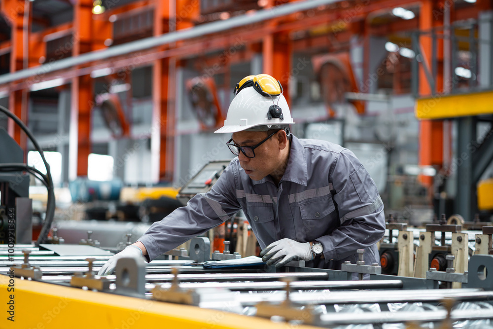 A man in a grey and white uniform is working on a machine in a factory. He is wearing a hard hat and safety glasses A man in a grey and white uniform is working on a machine in a factory. He is wearing a hard hat and safety glasses