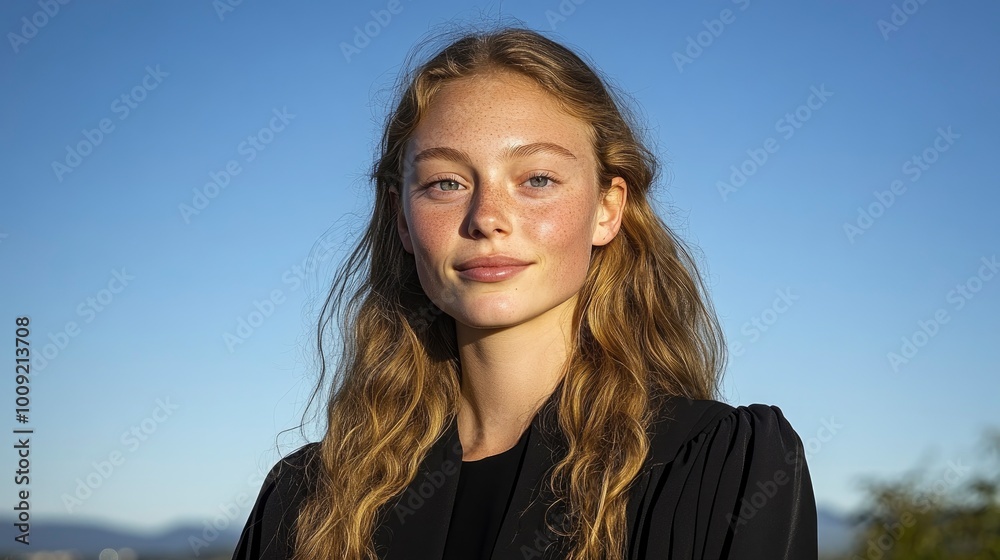 Portrait of a Young Woman with Blonde Hair and Blue Eyes Smiling at the Camera Against a Blue Sky