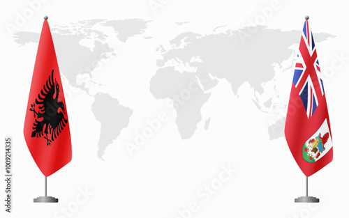 Albania and Bermuda flags for official meeting against background of world map.