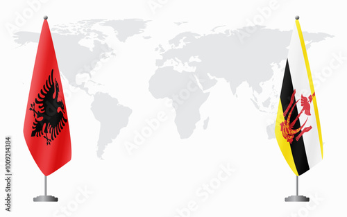 Albania and Brunei flags for official meeting against background of world map.