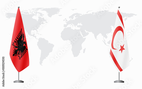 Albania and Turkish Republic of Northern Cyprus flags for official meeting against background of world map.