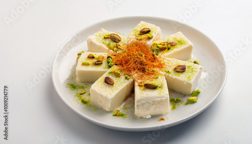 A decorative plate of sweets garnished with nuts and vermicelli.