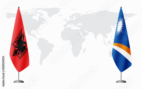 Albania and Marshall Islands flags for official meeting against background of world map.