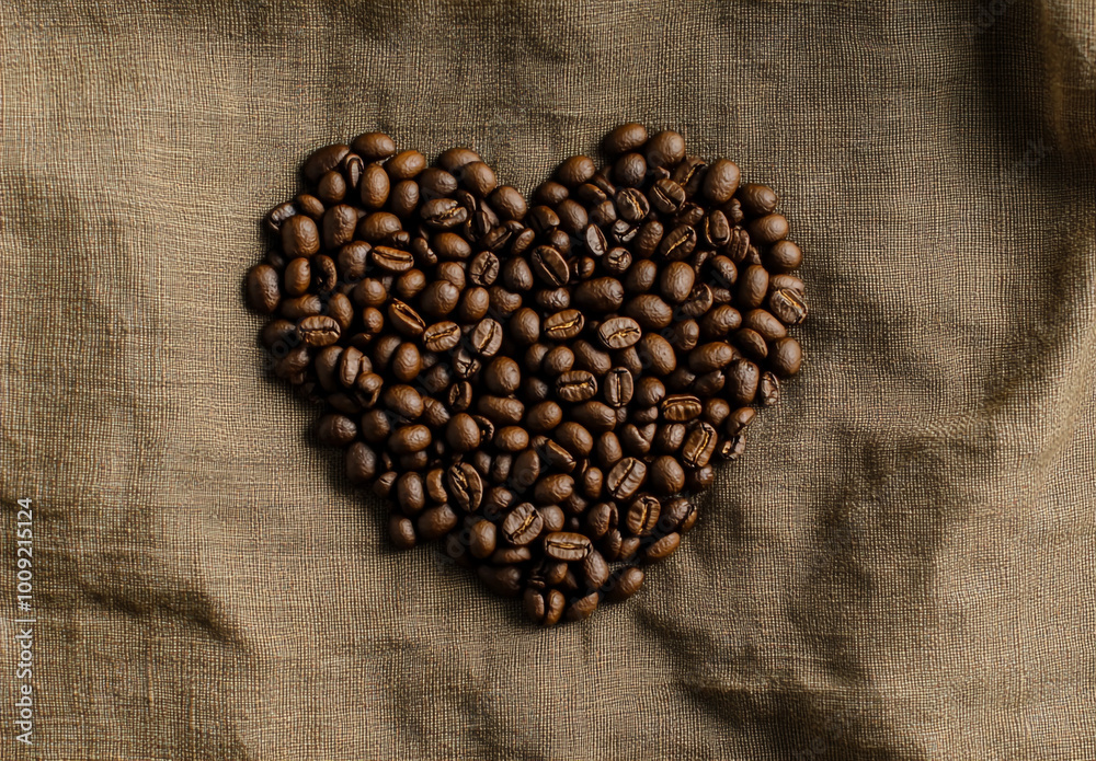 A heart-shaped arrangement made of coffee beans on a burlap background. A heart-shaped arrangement made of coffee beans on a burlap background.