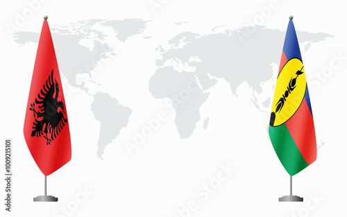 Albania and New Caledonia flags for official meeting against background of world map.