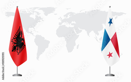 Albania and Panama flags for official meeting against background of world map.