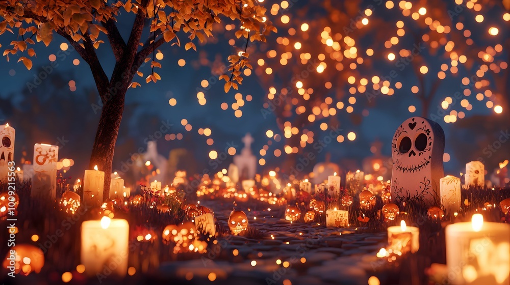 Enchanted Cemetery: A mystical and enchanting Halloween graveyard scene, illuminated by flickering candles and glowing lanterns, creating a breathtaking spectacle of otherworldly beauty. 