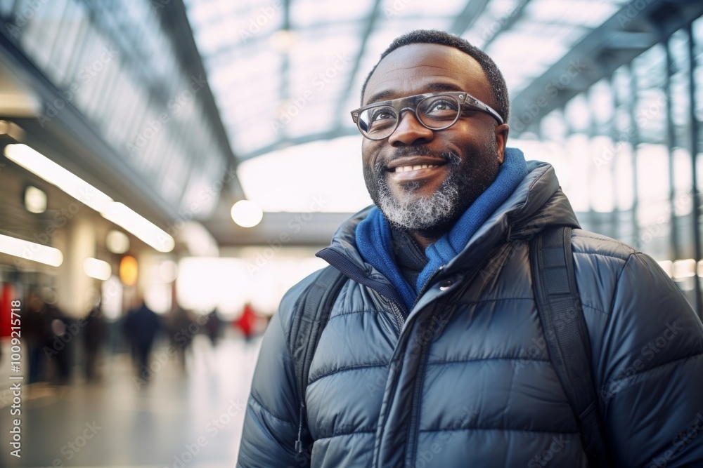 Portrait of a blissful afro-american man in his 50s sporting a quilted insulated jacket while standing against busy airport terminal Portrait of a blissful afro-american man in his 50s sporting a quilted insulated jacket while standing against busy airport terminal