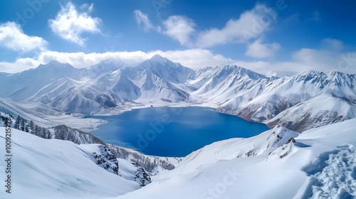 Snowy mountain peaks and frozen lake under a clear blue sky, breathtaking winter landscape..