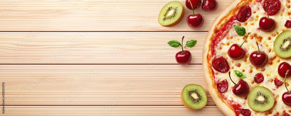 Vector illustration of a cheese pizza with kiwi slices scattered on a textured wooden floor background. Vector illustration of a cheese pizza with kiwi slices scattered on a textured wooden floor background.