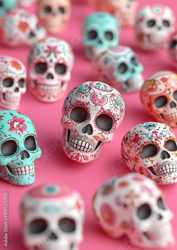 Sugar Skull Symphony: A vibrant collection of ornate sugar skulls, boasting intricate floral patterns and pastel hues, arranged on a pink backdrop.