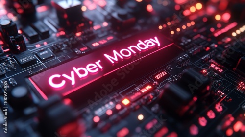 Cyber Monday sale on electronic circuit board with bright neon lights and intricate details