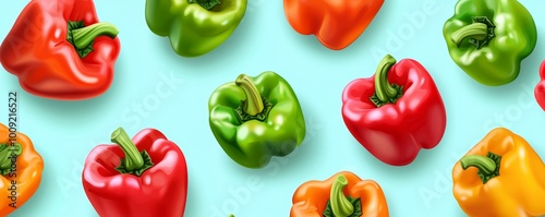 Vector illustration of bell pepper rings in multiple colors on a pastel mint background, arranged in a neat pattern.