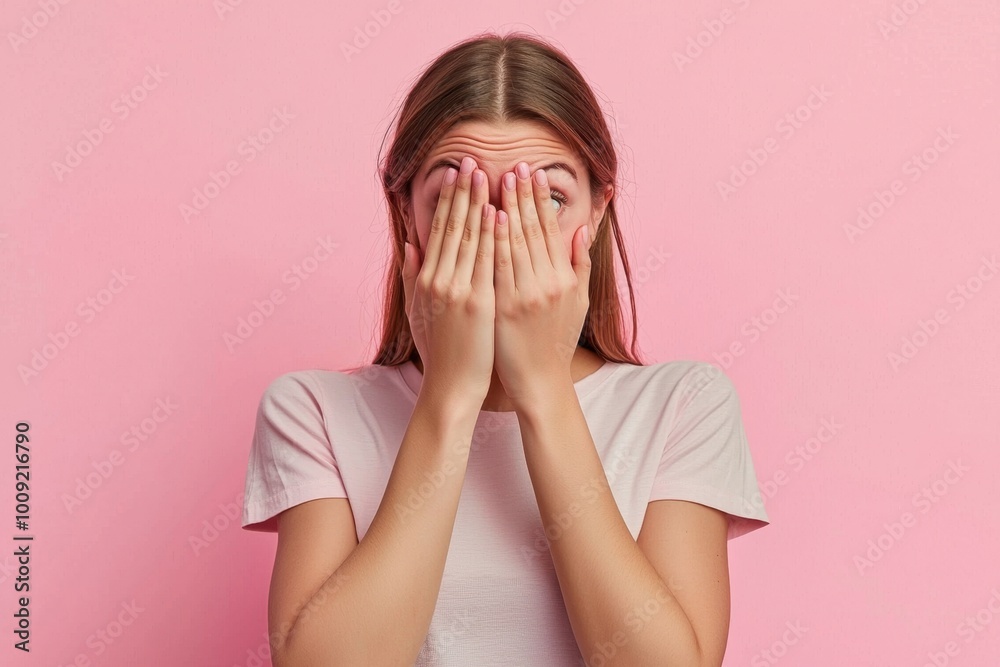 Young woman playfully hiding her face against a pink background Young woman playfully hiding her face against a pink background