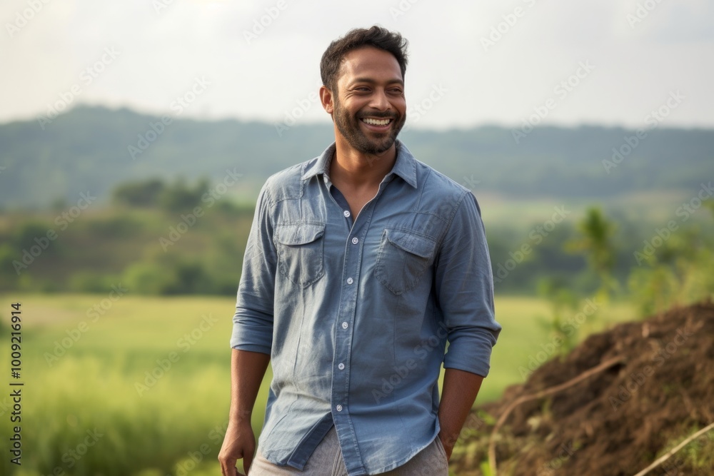 Portrait of a smiling indian man in his 30s sporting a versatile denim shirt while standing against quiet countryside landscape Portrait of a smiling indian man in his 30s sporting a versatile denim shirt while standing against quiet countryside landscape