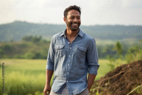 Portrait of a smiling indian man in his 30s sporting a versatile denim shirt while standing against quiet countryside landscape