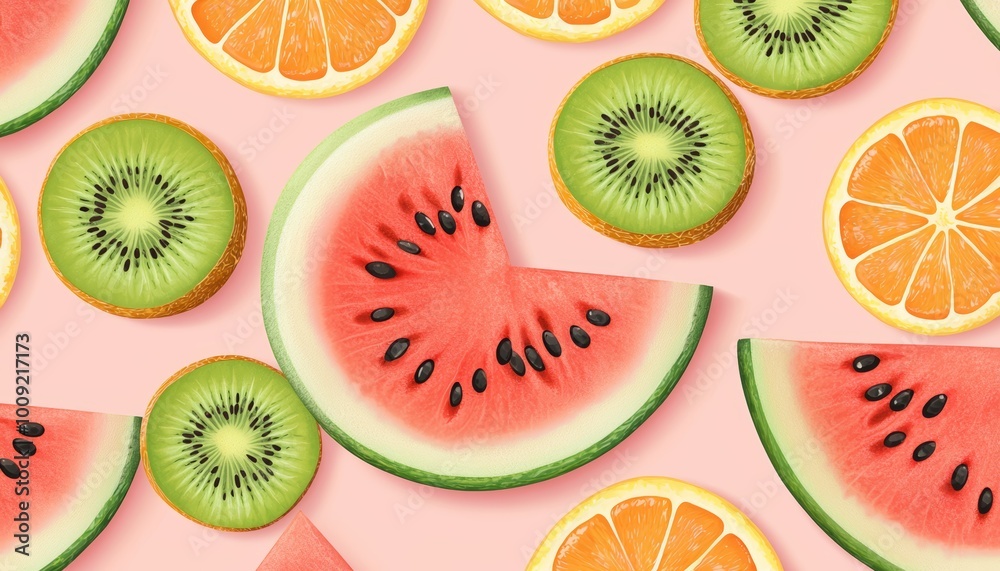 Vector illustration of halved and sliced watermelon, oranges, and kiwis on a pastel pink background. Vector illustration of halved and sliced watermelon, oranges, and kiwis on a pastel pink background.