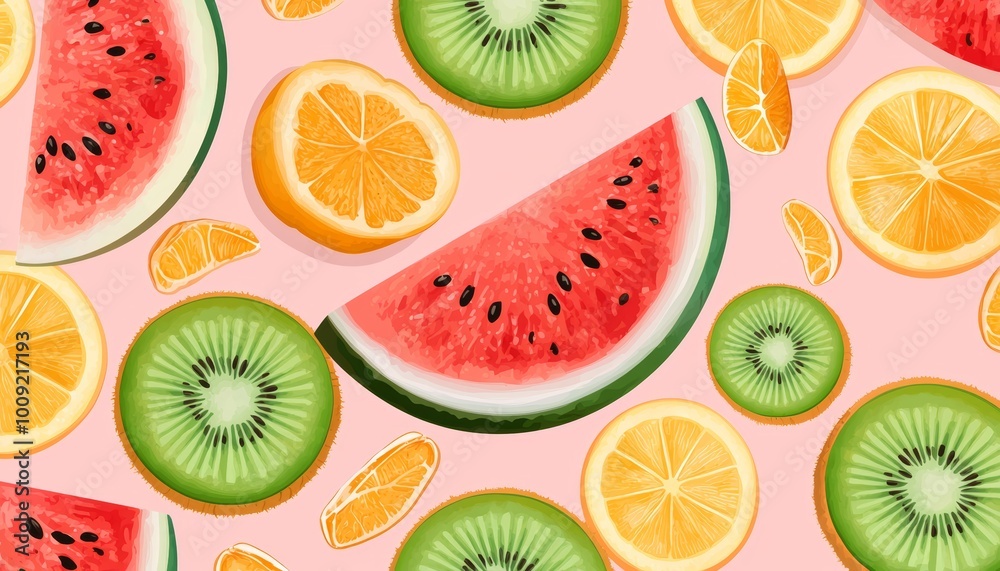 Vector illustration of halved and sliced watermelon, oranges, and kiwis on a pastel pink background. Vector illustration of halved and sliced watermelon, oranges, and kiwis on a pastel pink background.