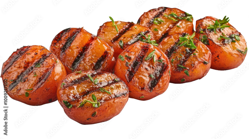 Grilled tomatoes arranged beautifully on a plate with fresh herbs, on the transparent background. PNG Format Grilled tomatoes arranged beautifully on a plate with fresh herbs, on the transparent background. PNG Format