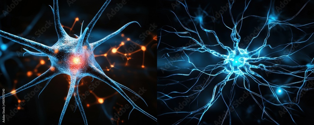 Two neurons, one with orange lights and the other with blue lights, on a dark background. Two neurons, one with orange lights and the other with blue lights, on a dark background.