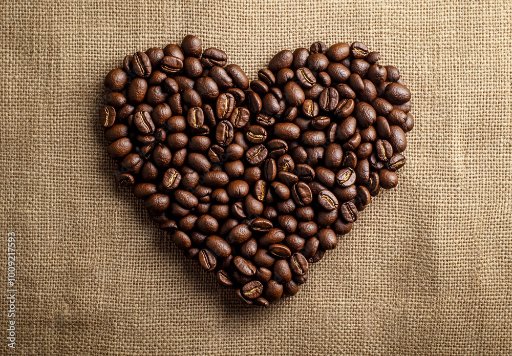 A heart-shaped arrangement made of coffee beans on a burlap background. A heart-shaped arrangement made of coffee beans on a burlap background.
