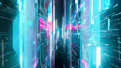  Futuristic Digital Cityscape with Neon Lights and Abstract Design photo