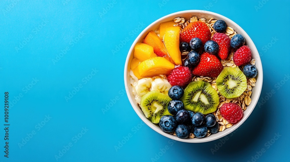 A bowl of oatmeal with fresh fruit, including strawberries, blueberries, raspberries, kiwi, peach, and banana, on a blue background. A bowl of oatmeal with fresh fruit, including strawberries, blueberries, raspberries, kiwi, peach, and banana, on a blue background.